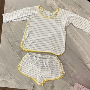 Blue and yellow striped LAKE pajama set.